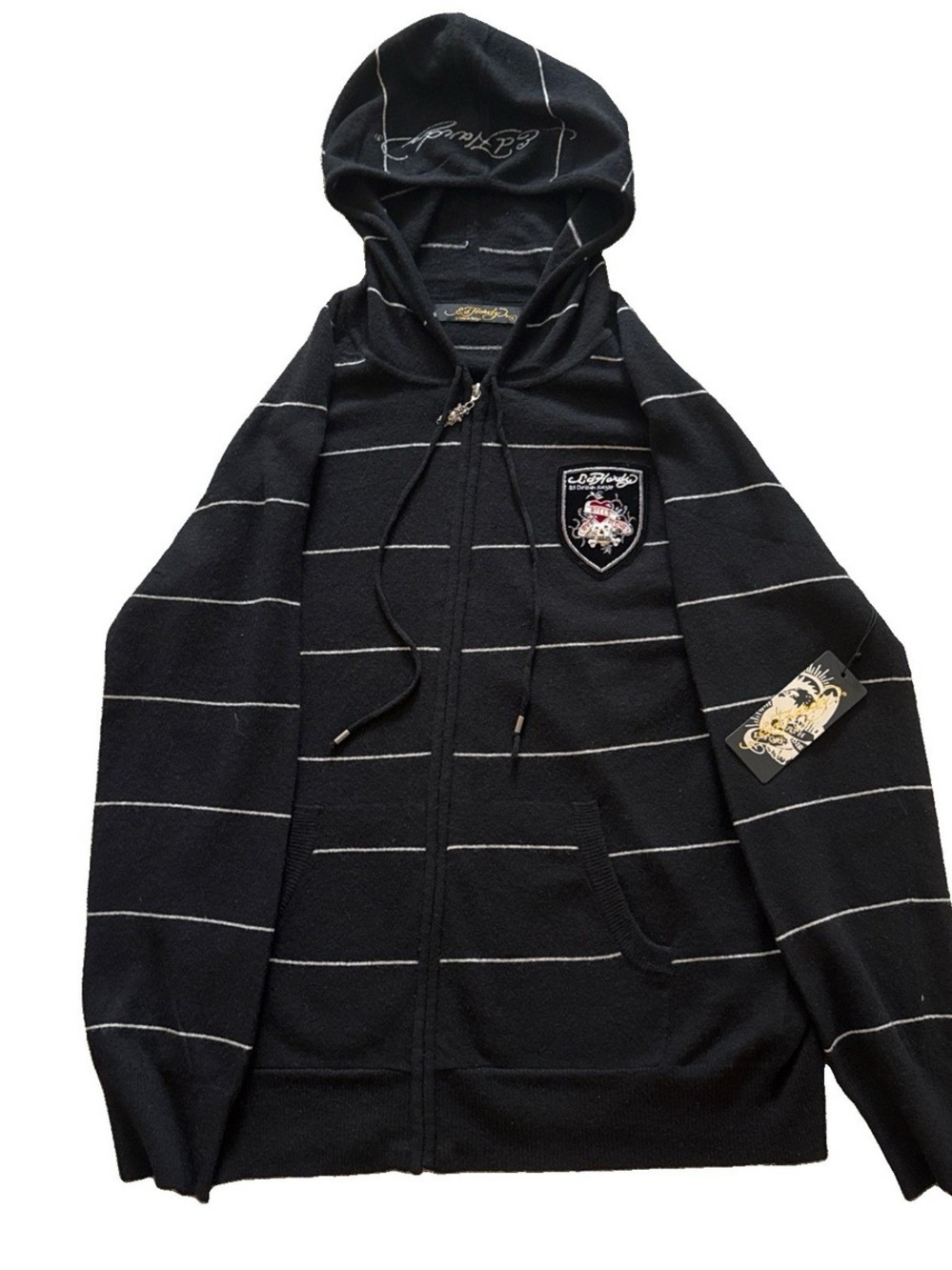 Limited Edition-Ed Hardy By Christian Audigier Black Stripped Hoodie Size Large